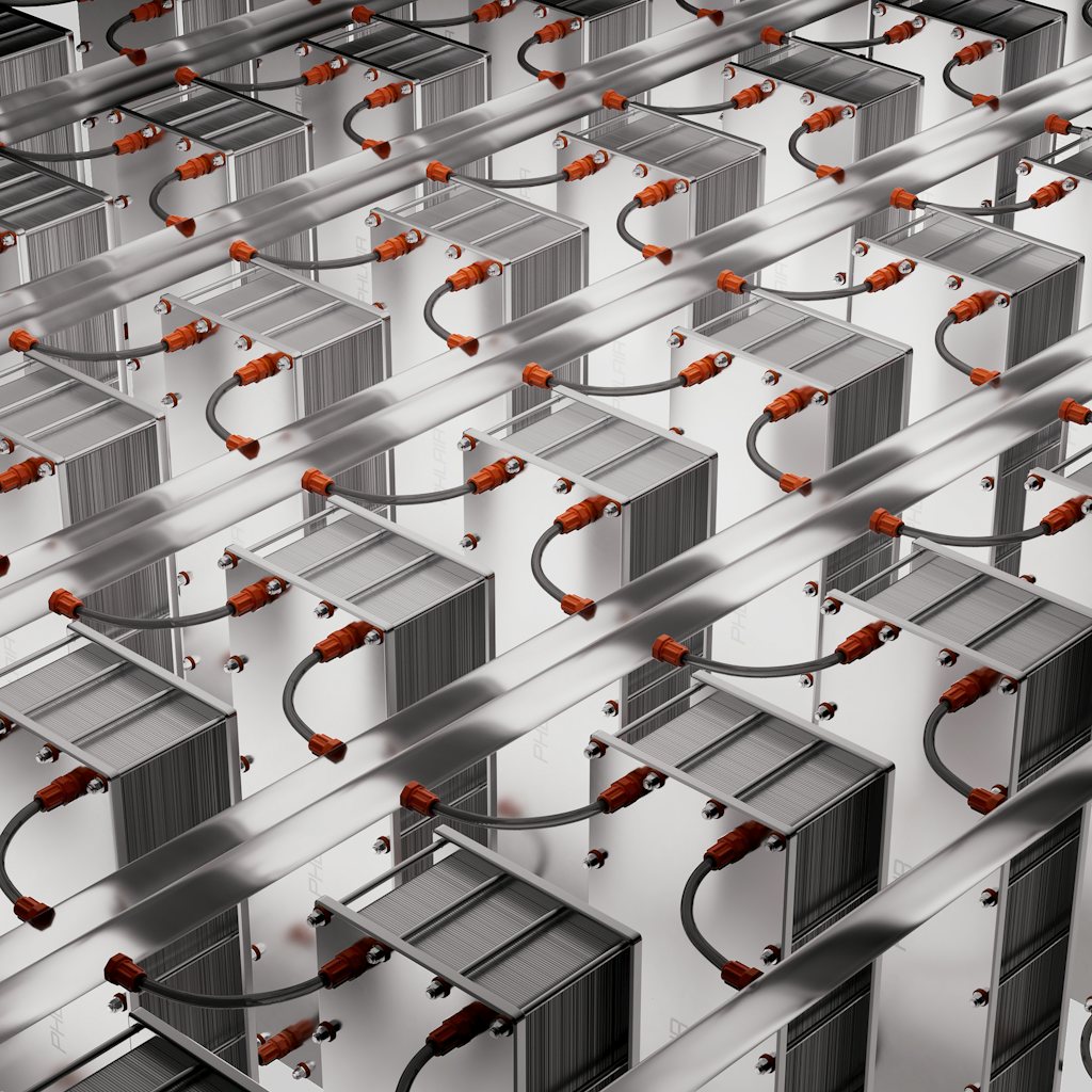 Illustration of large-format prismatic LFP cells connected for testing